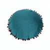 Teal Round Velvet Cushion Car Seat Floor Decorative Cushion With Pompom Fringe With Insert Filling