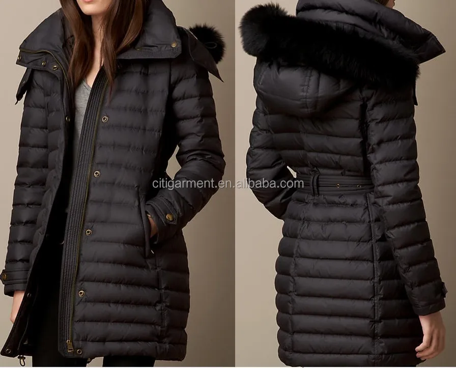 Women Fur Trim Dark Down-filled Puffer Coat With Hood - Buy Women ...