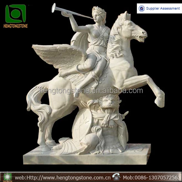 Estilo grego Hermes estátua de mármore de equitação cavalo voador com trompete