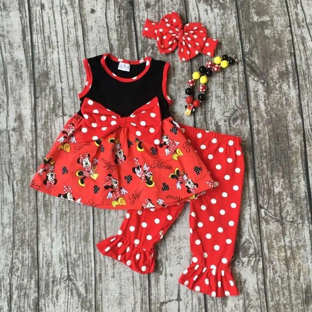 baby girls minnie Capri set children red minnie clothes girls red white polka dot Capri clothing with necklace and headband