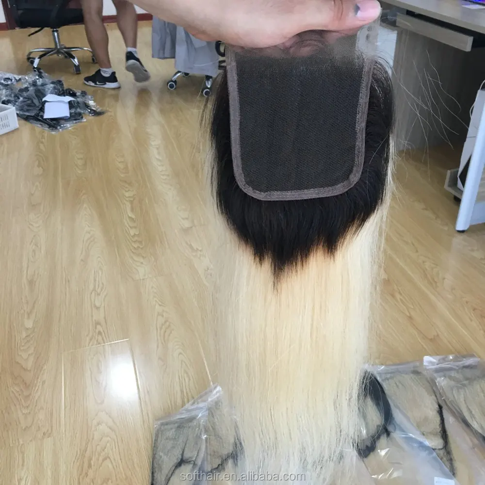 middle parting blond ombre lace closure with dark roots straight