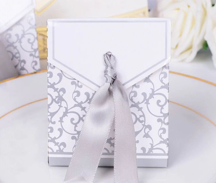 luxury foldable sweet wedding candy gift box with silk ribbon