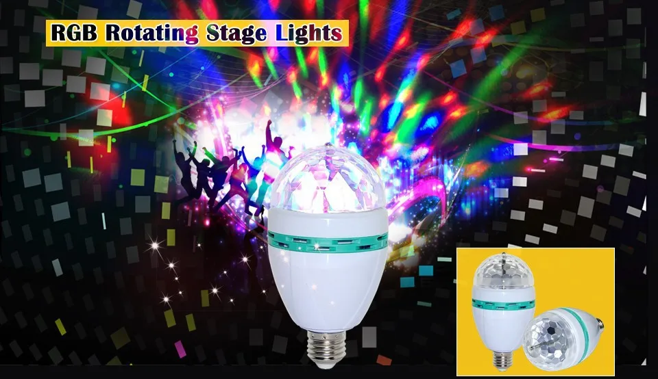 NEW Style RGB Full Color E27 3W AC 110V 220V LED Bulb Crystal Auto Rotating Stage Effect DJ Mini Laser Disco Stage light lamp