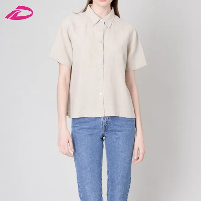 sleeves natural collared shirt loose linen polo shirt blouse