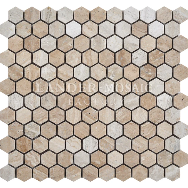 lander stone travertine marble mosaic tile small size hexagonal beige color exterior stone tile