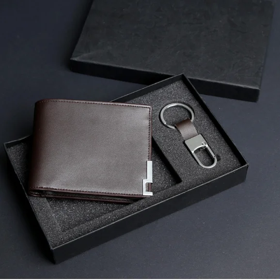 genuine leather wallet and keychain gift set with paper box for