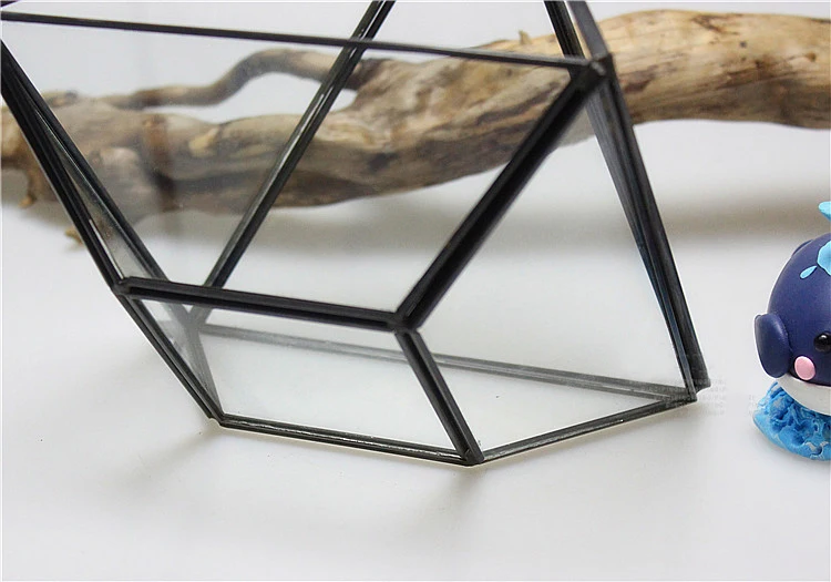 Fat diamond shaped glass greenhouse four drill copper wash black succulent flower vase