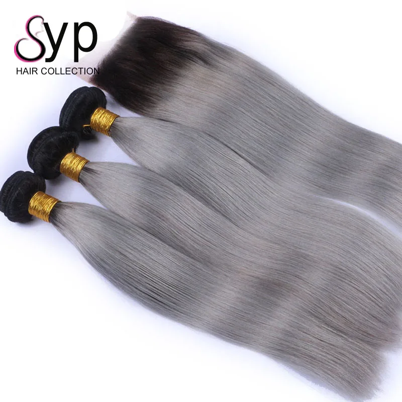 1b grey ombre bundle with closure straight hair