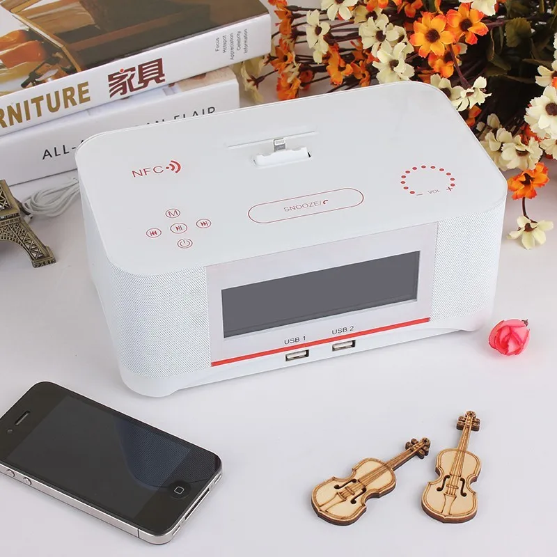 Hot A8 Touch Radio Alarm Clock Bluetooth Speaker with docking System,Portable Dock Station Stereo A8 FM AUX NFC Dual USB speaker - ANKUX.COM