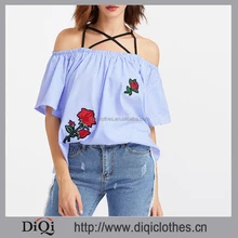 Latest Designs Summer Guangzhou Clothing Factory OEM Woman Fashion Blue Strappy Vertical Striped Flower Embroidered Patch Blouse