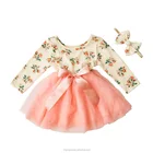 Fashion Cute Baby Soft Cotton Spring Floral Printed Boutique Baby Girl Long Sleeve Party Dress With Bowknot