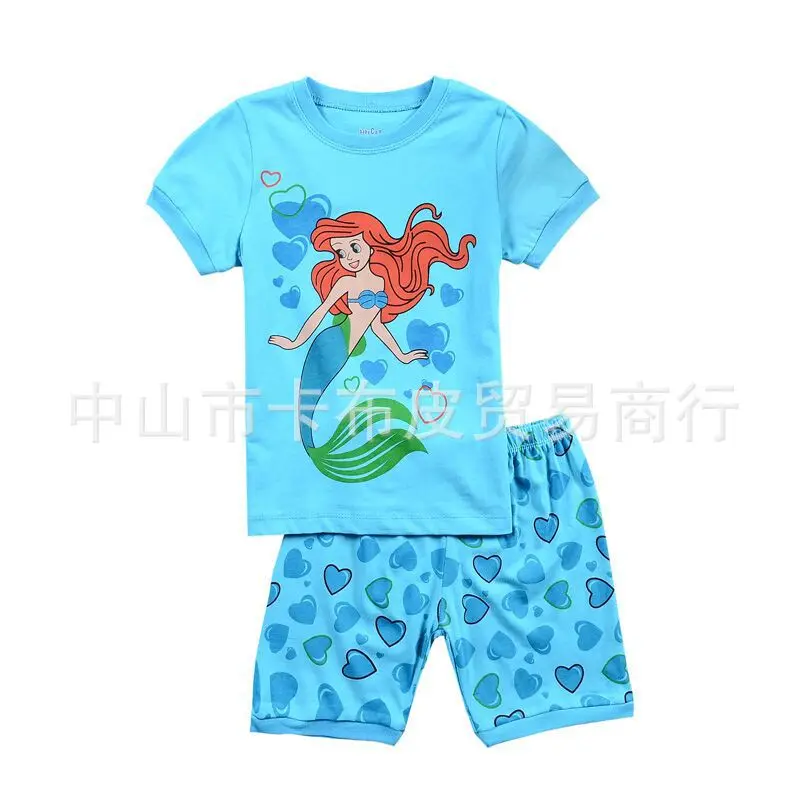 2015 Summer Baby Pajama Set Cotton Blue Girl Mermaid Short Pyjamas Clothing Children's Clothes Sets Kid's Nightwear Home Wear