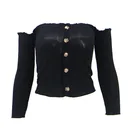 Off Shoulder Long Sleeve Button Short Custom T-shirt For Women