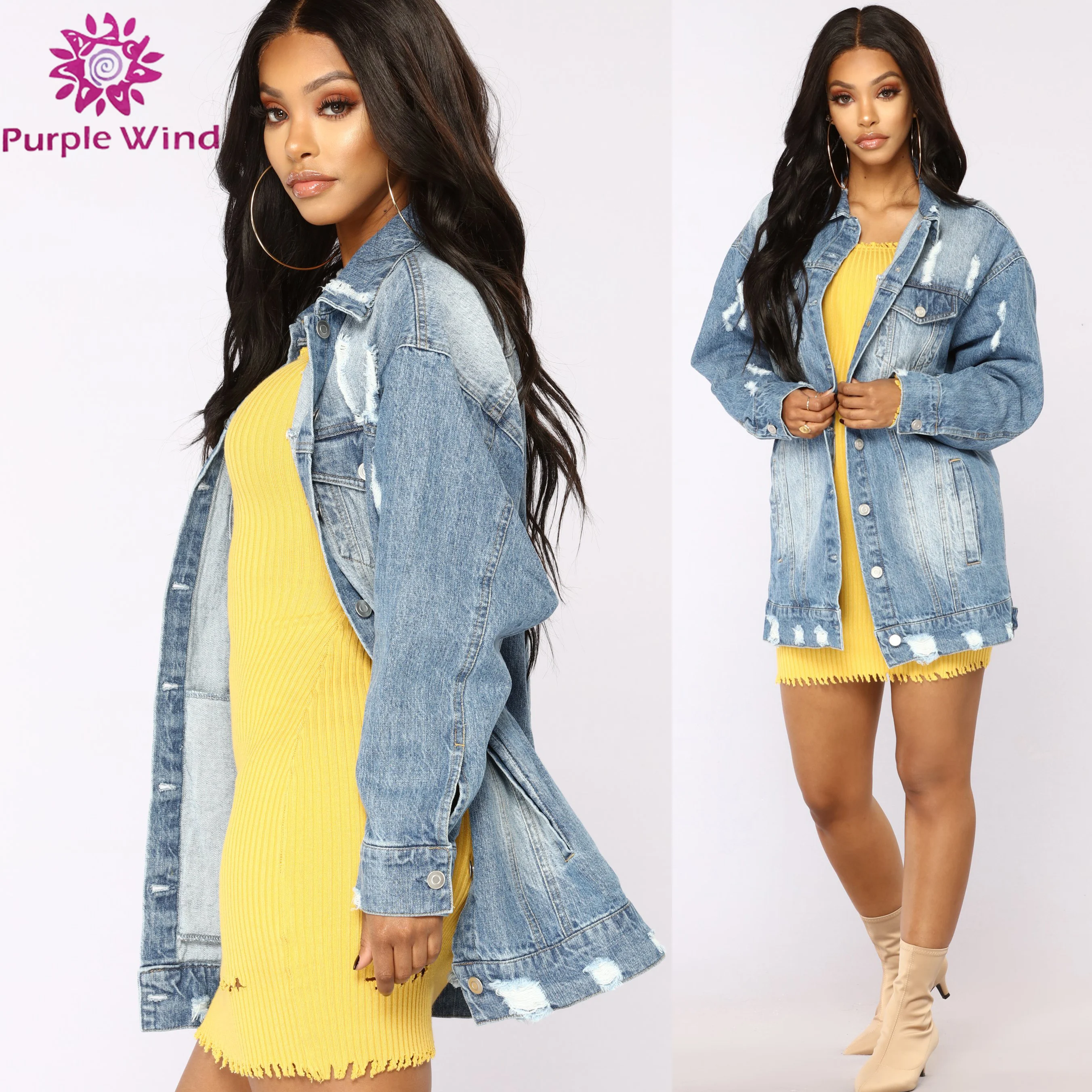 Ripped Blue Denim Fashion Casual Oversized Distressed Style Jean Jacket Women