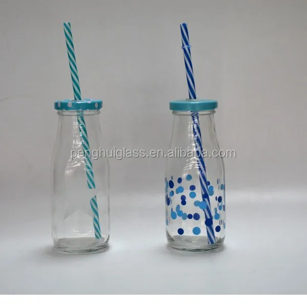 customized 300ml decal pattern glass milk bottle with tin caps