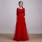 red sequined o neck tulle a line long sleeve muslim evening dress formal