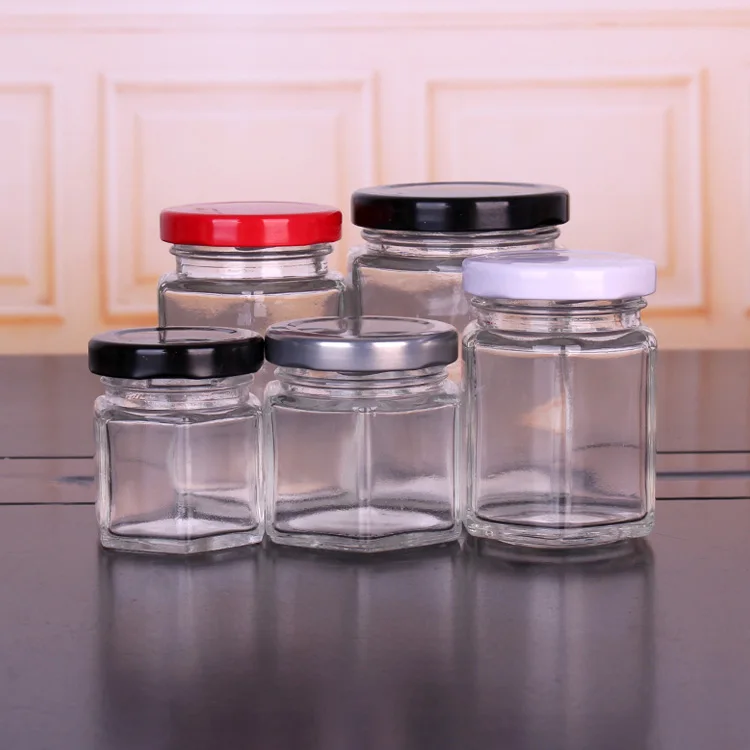 Wholesale clear hexagon 2oz 3oz 4oz glass storage jar honey jar with metal lid