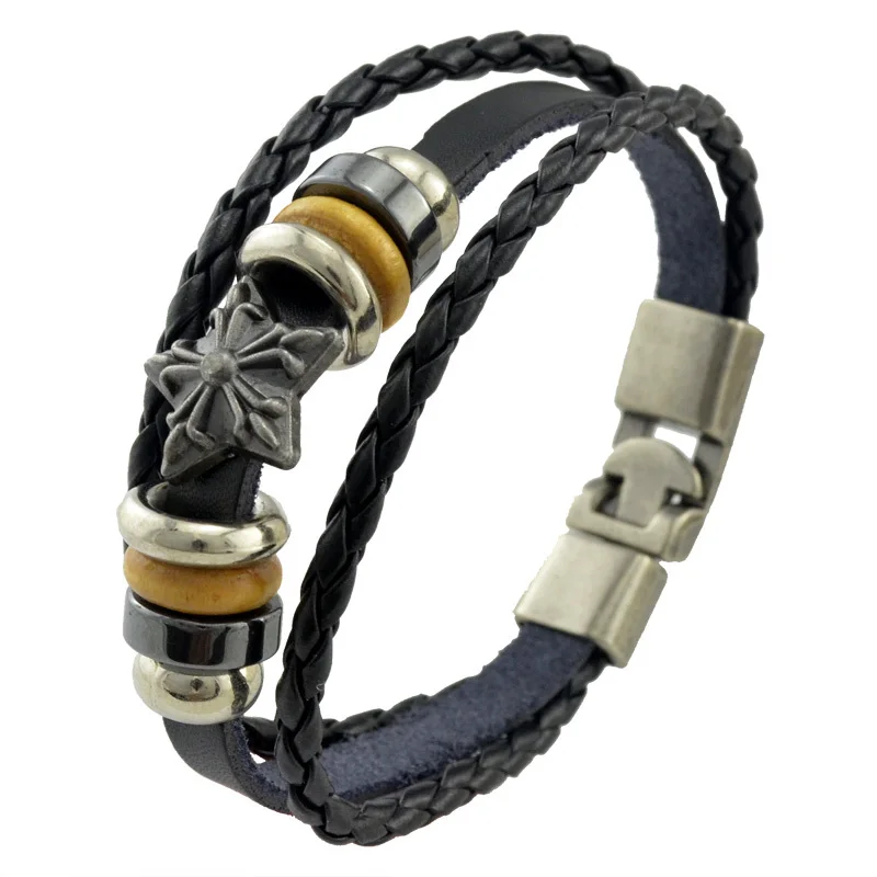 2015 Summer Jewelry Fashion Handcrafted Men Buttons Adjustable Bracelet Unisex Jewelry Pentagram Charm Leather Bracelets&Bangles
