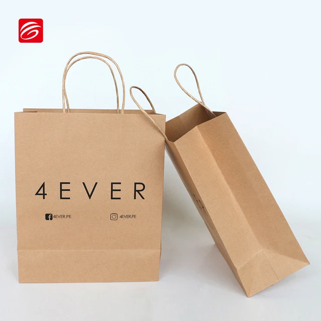 custom logo printed shopping paper bag with handles, brown kraft