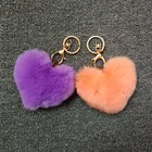 new fashion custom fluffy heart shaped fake rabbit puffy keychain fur ball pompoms fur pom pom ball key chain