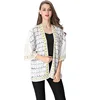 Long Womens 3/4 Sleeve Front Open Wave Stripe Sequin Block Color Kimino Style White Chiffon Cotton Blouse