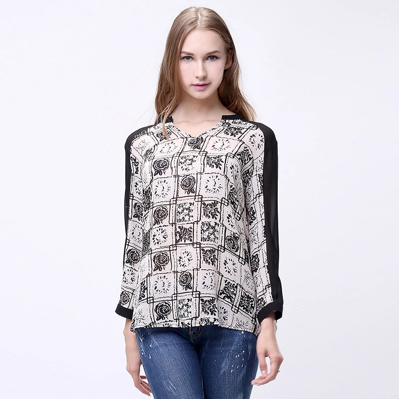 Fashion autumn women's chiffon shirt print long-sleeve chiffon top half-open neck loose waist female button on shoulder pullover