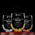 Honorable Glass Shield Award with Wooden Base Metal Wheat-Like Pattern for Graduation Souvenir Gifts