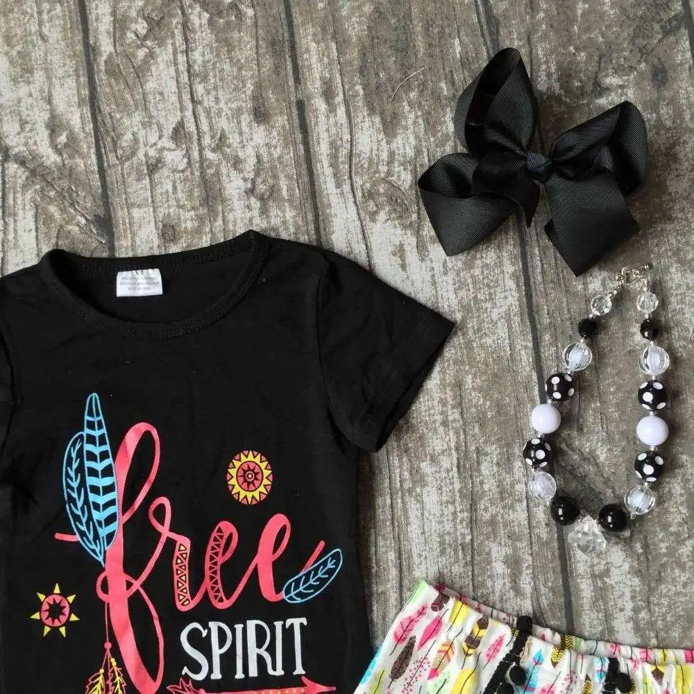 baby Girls Summer clothes girls children spirit girl outfits kids arrow outfits black top with feather shorts with accessories