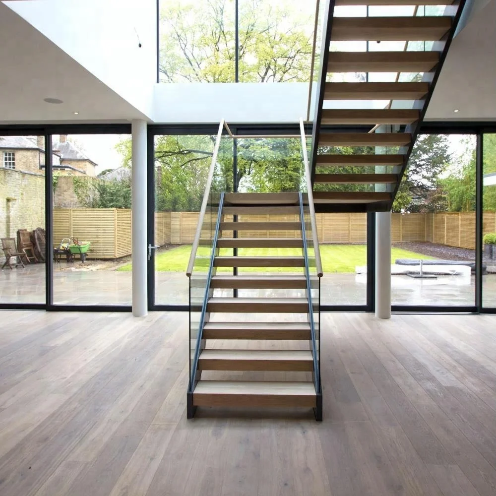 u型木楼梯设计室内单纵梁楼梯玻璃/不锈钢栏杆
