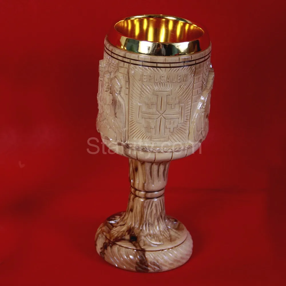 刻ま聖杯聖体カップオリーブウッド製ベツレヘム18センチ-木工芸品、ウッドクラフト問屋・仕入れ・卸・卸売り