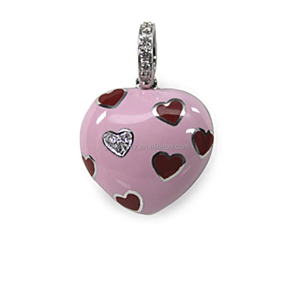 925 silver pink and red heart enamel single diamond puffy sweet