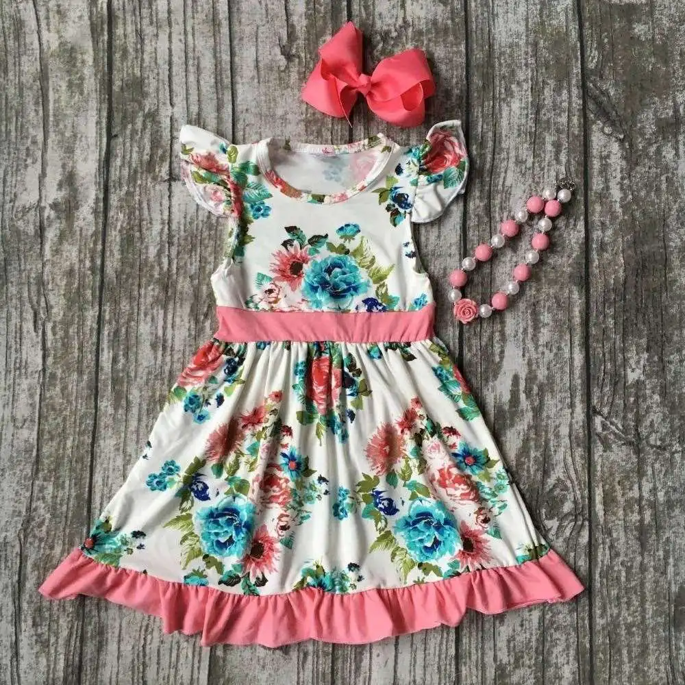 baby girls Summer spring dress outfits girls floral dress girls boutique summer dress with matching necklace and headband
