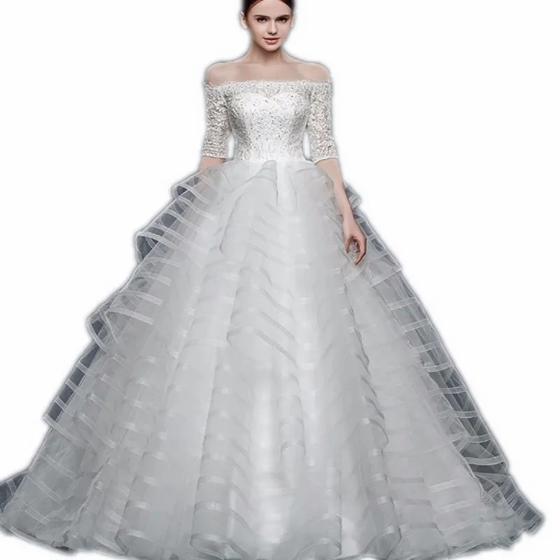 Charming Ball Gown Boat Neck Half Sleeve Lace Boho Wedding Dress Organza Bride Dresses Sweep Train Long Wedding Gowns Vintage