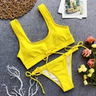 FEIBUSHI Swimwear Sport Solid Bikinis Adjustable Bandage Swimsuit Sexy Sheer Bikini Beachwear Sportswear Yellow String Bikini