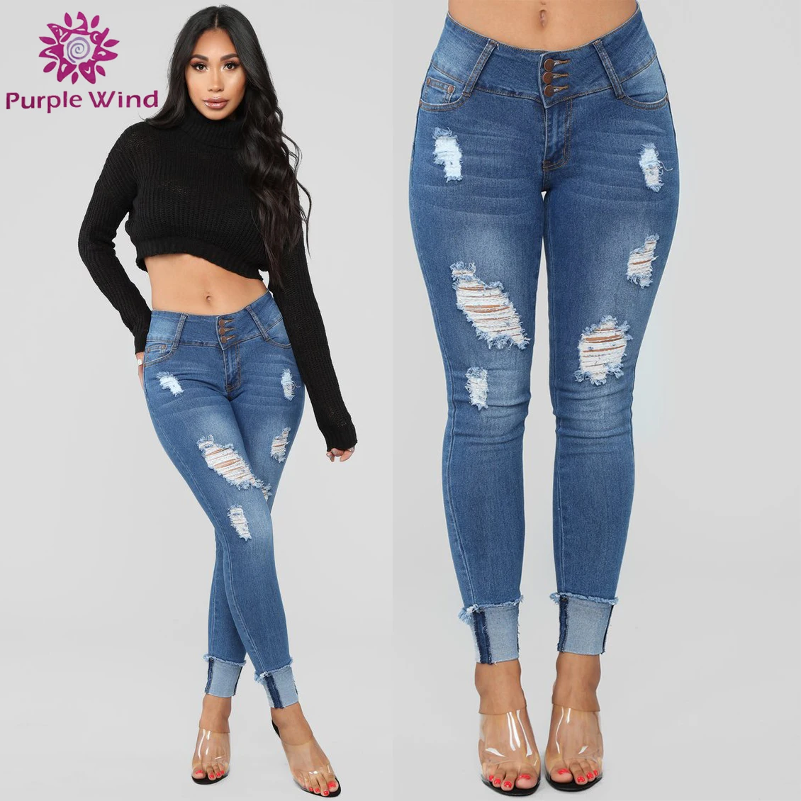 Stretch High Waist With Stacked Button Rolled Hem Skinny Brazilian Jeans for Women
