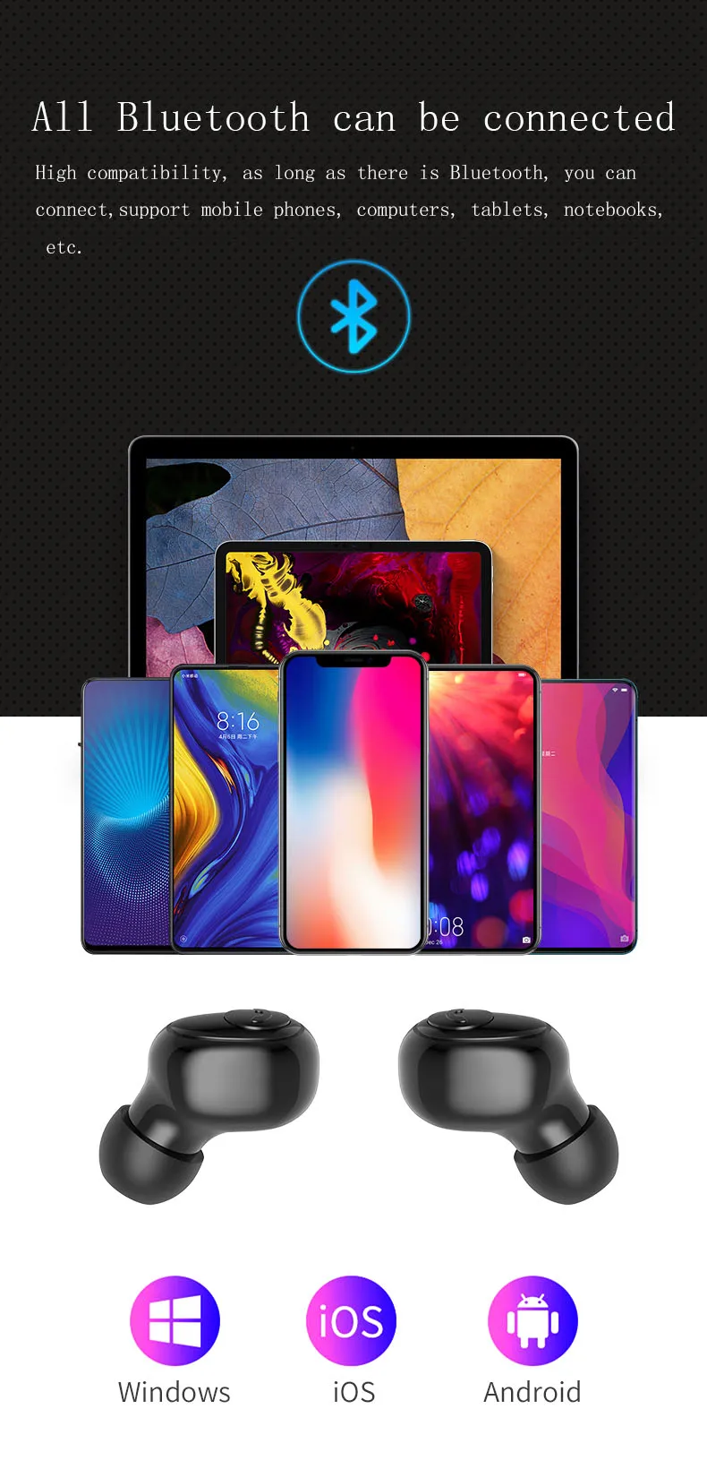 2019 waterproof earphone headphone earbuds tws 5.0 bluetooth earphone earbuds for all phone - ANKUX.COM