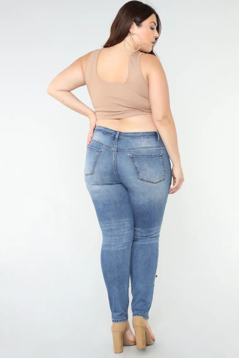 2018 Fashion Custom Stud Side Details Skinny Big Size Ladies Denim Jeans for Fat Women