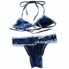 Royal wolf denim garment manufacturer blue bikini top mini hot bikini bottom sexy denim womens swimsuit sets