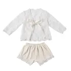 Summer White Ribbon Bow Knot kids Clothing Sets Lace Baby Girls Outfit