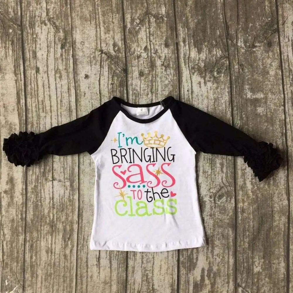 baby girls three quarter icing boutique raglans white black top shirts pencil Ruler crown children clothes back to school cotton
