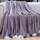 Solid Velvet silk touch flannel fleece blanket throws with chenille pompoms