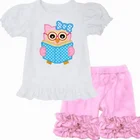 Baby Girls Short Sleeve Cute Owl Applique Shirts Ruffle Pants Set Wholesale Kids Boutique Clothing Outfits