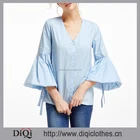Latest design lady fashion casual stylish Blue Pleated Lantern Sleeve Button Up Blouse