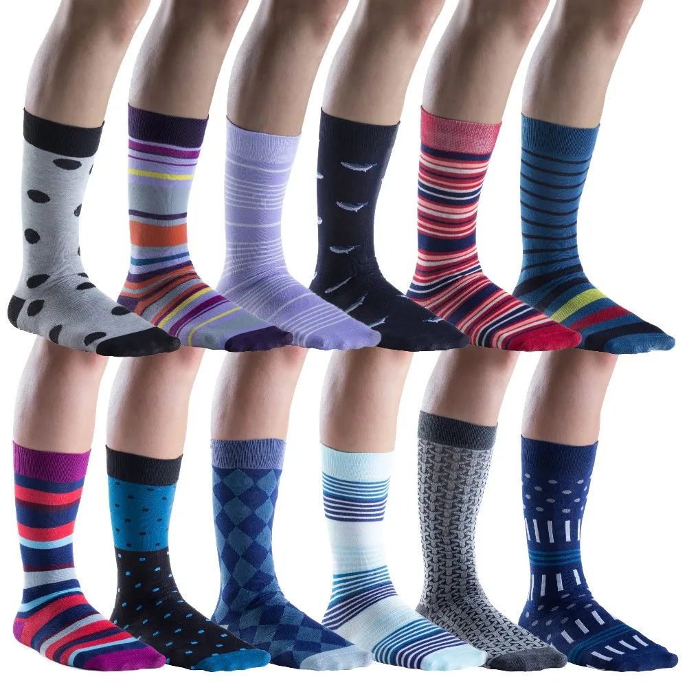 12 Pairs Men’s Cotton Dress Socks – Multicolor Polka Dot & Stripe Patterns, Size 10-13