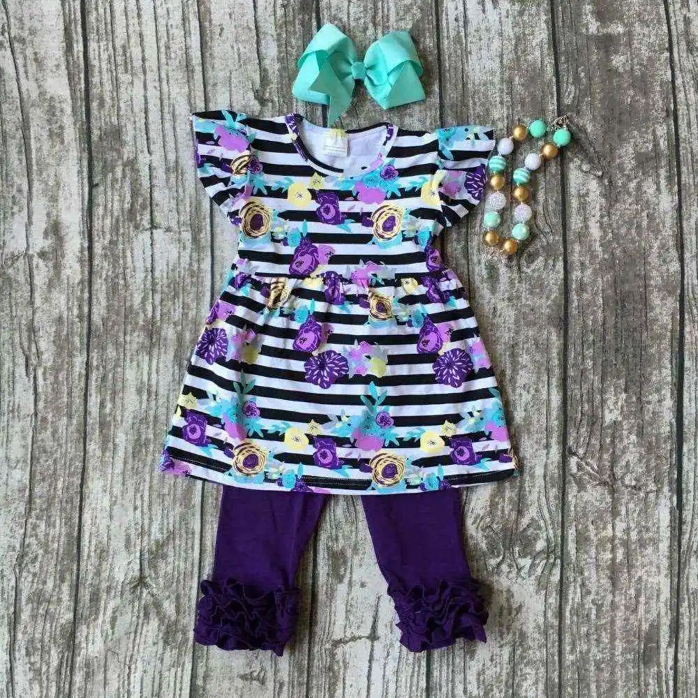 Baby girls summer clothing girls strip purple floral top clothing with purple ruffle capri pants outftis with accessories