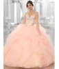 2018 Beaded Lace Applique Tulle Ruffles Ball Gowns Sweet 16 Dresses Pink/Blue/Red Long Sleeve Quinceanera Dresses