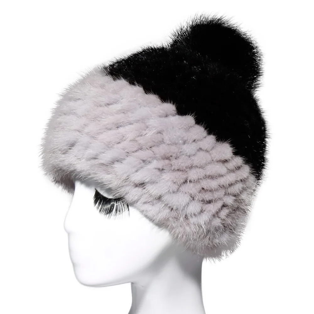 2015 New Real Knit Mink Fur Hat Winter Warm Skullies Cap with Fox Fur pompom Beanie Hats for Women PB66515