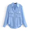 ladies light blue hemp blouse with two chest chest big pockets