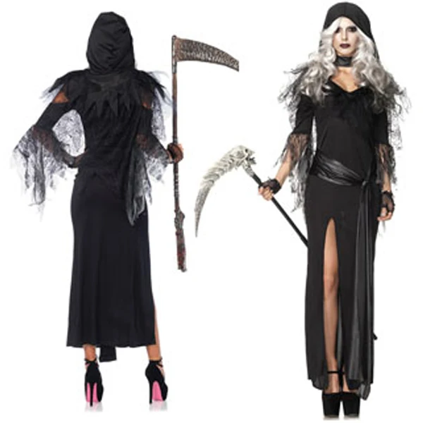 Sexy witch halloween costumes black Women Ghost cosplay costumes Irregular Vagrant lace dress open fork sexy gown with hood