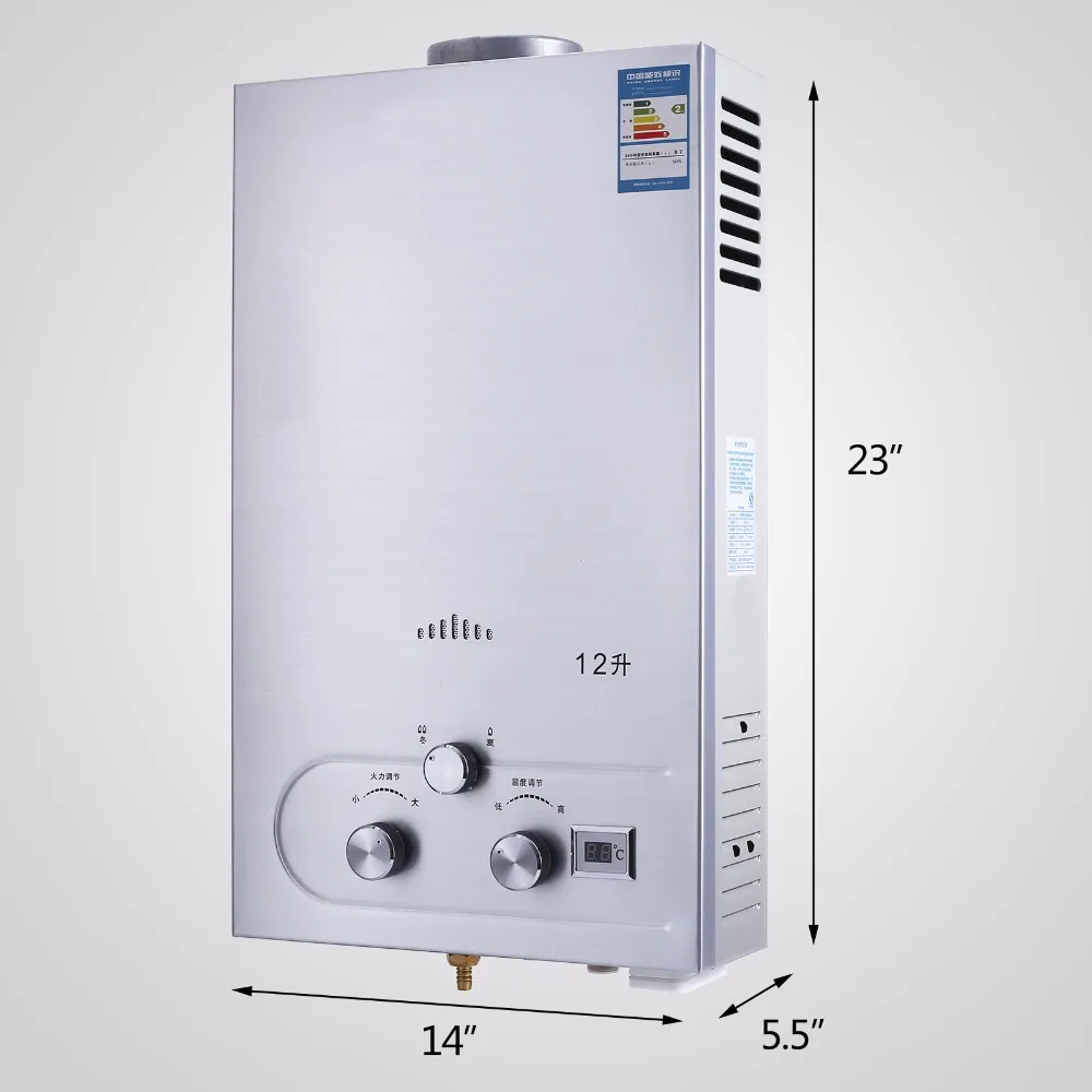 VEVOR Warmwasser-heizung 12L LPG Propan Durchlauferhitzer Gas Tankless Instant Boiler mit Duschkopf und LCD-Display